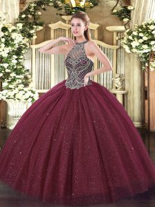 Burgundy Ball Gowns Sweetheart Sleeveless Tulle Floor Length Lace Up Beading Sweet 16 Dresses
