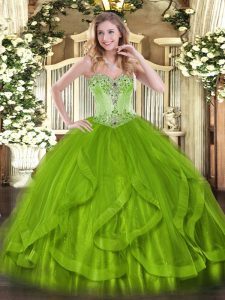 Top Selling Organza Sweetheart Sleeveless Lace Up Beading and Ruffles Quinceanera Dresses in Olive Green