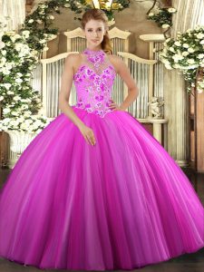 Sleeveless Tulle Floor Length Lace Up Sweet 16 Quinceanera Dress in Fuchsia with Embroidery