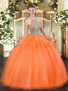 Orange Red Tulle Lace Up Sweet 16 Dresses Sleeveless Floor Length Beading and Ruffles