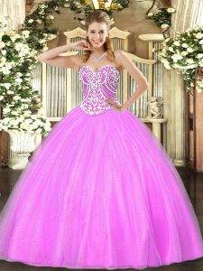 Lilac Ball Gowns Tulle Sweetheart Sleeveless Beading Floor Length Lace Up Sweet 16 Quinceanera Dress