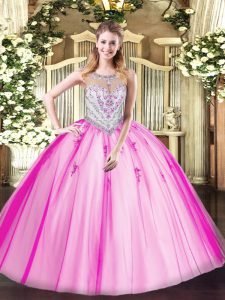 Gorgeous Lilac Ball Gowns Tulle Scoop Sleeveless Beading and Appliques Floor Length Zipper Vestidos de Quinceanera