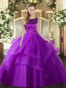 Eggplant Purple Sleeveless Floor Length Ruffled Layers Lace Up Quince Ball Gowns