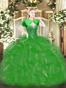 Green Ball Gowns Organza Sweetheart Sleeveless Beading and Ruffles Floor Length Lace Up Quinceanera Dress