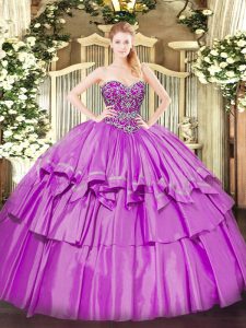 New Arrival Lilac Ball Gowns Sweetheart Sleeveless Organza and Taffeta Floor Length Lace Up Beading and Ruffled Layers B