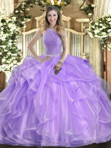 Floor Length Lace Up Quinceanera Gown Lavender for Military Ball and Sweet 16 and Quinceanera with Beading and Ruffles