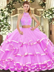 Noble Lilac Two Pieces Tulle Halter Top Sleeveless Beading and Ruffled Layers Floor Length Criss Cross 15 Quinceanera Dr