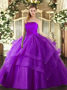Floor Length Eggplant Purple 15th Birthday Dress Strapless Sleeveless Lace Up