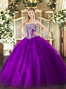 Pretty Strapless Sleeveless Lace Up 15th Birthday Dress Purple Tulle