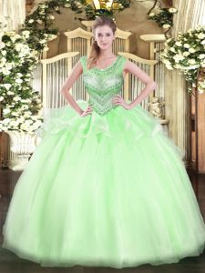 Stunning Apple Green Ball Gowns Beading 15th Birthday Dress Lace Up Organza Sleeveless Floor Length