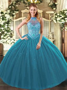 Cute Sleeveless Floor Length Beading and Embroidery Lace Up Quinceanera Gowns with Teal