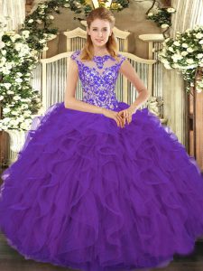 Eggplant Purple Ball Gowns Organza Scoop Cap Sleeves Beading and Ruffles Floor Length Lace Up 15th Birthday Dress