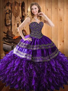 Sleeveless Organza and Taffeta Floor Length Lace Up Ball Gown Prom Dress in Purple with Beading and Embroidery and Ruffl