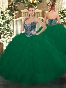 Custom Made Sweetheart Sleeveless Lace Up Quinceanera Gowns Dark Green Tulle