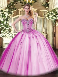 Low Price Sweetheart Sleeveless Quinceanera Gowns Floor Length Beading and Appliques Fuchsia Tulle
