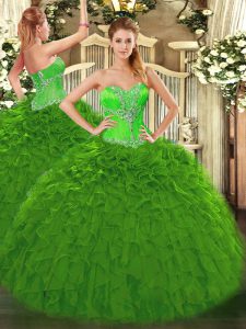Hot Selling Green Organza Lace Up Sweet 16 Quinceanera Dress Sleeveless Floor Length Beading and Ruffles