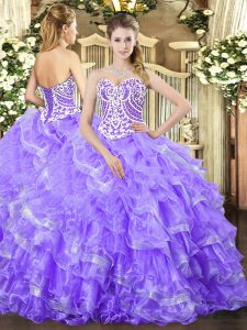 Spectacular Lavender Sleeveless Floor Length Beading and Ruffled Layers Lace Up Vestidos de Quinceanera