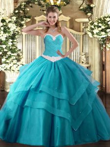 Fabulous Teal Sleeveless Floor Length Appliques and Ruffled Layers Lace Up Ball Gown Prom Dress