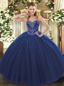 Popular Navy Blue Tulle Lace Up Quinceanera Gowns Sleeveless Floor Length Beading