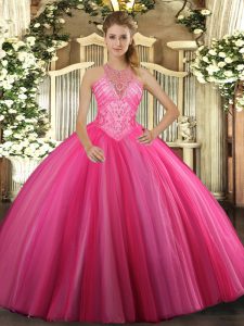 Hot Pink Sleeveless Beading Floor Length 15th Birthday Dress