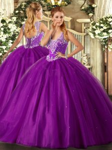 Floor Length Lace Up Sweet 16 Dresses Purple for Military Ball and Sweet 16 and Quinceanera with Beading