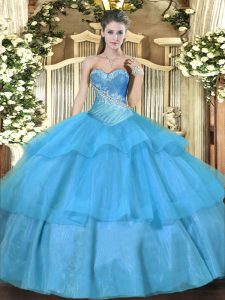 Aqua Blue Ball Gowns Tulle Sweetheart Sleeveless Beading and Ruffled Layers Floor Length Lace Up Ball Gown Prom Dress