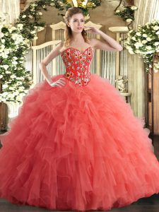 Sweetheart Sleeveless Tulle Quinceanera Dress Embroidery and Ruffles Lace Up