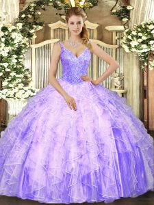 Lavender Tulle Lace Up Quinceanera Dresses Sleeveless Floor Length Beading and Ruffles