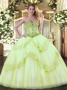 Fashion Sweetheart Sleeveless Lace Up Quince Ball Gowns Yellow Green Tulle