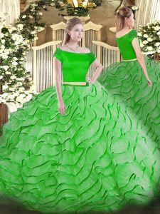 Inexpensive Two Pieces Off The Shoulder Short Sleeves Tulle Brush Train Zipper Ruffles Quinceanera Dresses