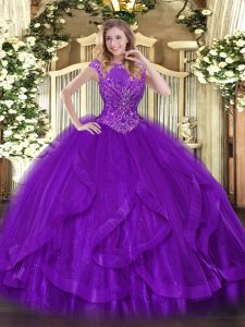 Popular Ball Gowns 15 Quinceanera Dress Purple Scoop Tulle Sleeveless Floor Length Zipper