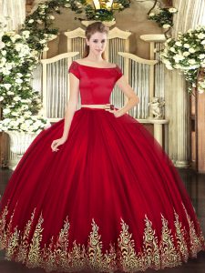 Amazing Wine Red Short Sleeves Appliques Floor Length 15 Quinceanera Dress