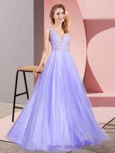 Lavender V-neck Neckline Lace Prom Gown Sleeveless Zipper