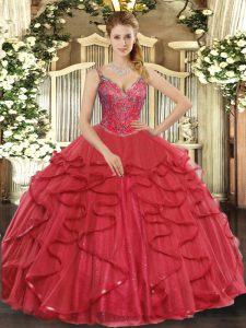 Customized Wine Red Sleeveless Floor Length Beading and Ruffles Lace Up Ball Gown Prom Dress