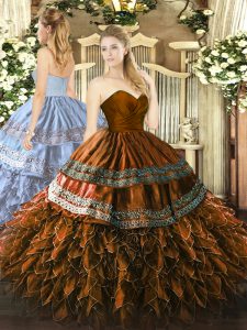 Sleeveless Floor Length Embroidery and Ruffles Zipper Sweet 16 Quinceanera Dress with Brown
