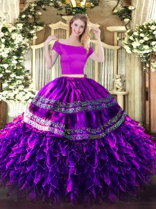 Eggplant Purple Two Pieces Embroidery and Ruffles Quinceanera Dress Zipper Organza and Taffeta Short Sleeves Floor Lengt