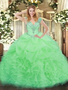Sleeveless Floor Length Ruffles Lace Up Quinceanera Dress with Apple Green