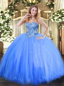 Fine Sweetheart Sleeveless Quince Ball Gowns Floor Length Appliques Blue Tulle