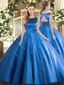 Custom Design Baby Blue Sleeveless Tulle Lace Up Quince Ball Gowns for Military Ball and Sweet 16 and Quinceanera