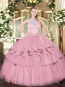 Exceptional Baby Pink Two Pieces Lace and Ruffled Layers Vestidos de Quinceanera Zipper Tulle Sleeveless Floor Length