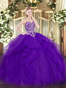 Ideal Purple Lace Up 15th Birthday Dress Beading and Ruffles Sleeveless Floor Length