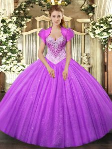 Floor Length Lace Up Vestidos de Quinceanera Lilac for Military Ball and Sweet 16 and Quinceanera with Beading