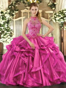 Superior Fuchsia Lace Up Sweet 16 Quinceanera Dress Beading and Embroidery and Ruffles Sleeveless Floor Length