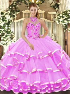 Latest Halter Top Sleeveless Quinceanera Gowns Floor Length Beading and Embroidery Lilac Organza