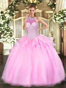 Customized Pink Tulle Lace Up Halter Top Sleeveless Floor Length Quinceanera Dresses Beading