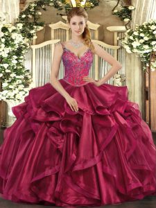 Straps Sleeveless Quinceanera Dresses Floor Length Beading and Ruffles Wine Red Organza