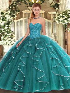 Modern Teal Sweetheart Neckline Beading and Ruffles 15 Quinceanera Dress Sleeveless Lace Up