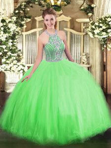 Glamorous Lace Up Halter Top Beading Quinceanera Dresses Tulle Sleeveless