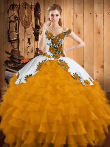 Floor Length Lace Up Ball Gown Prom Dress Orange for Sweet 16 and Quinceanera with Embroidery and Ruffled Layers