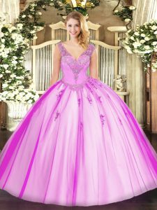 V-neck Sleeveless Sweet 16 Quinceanera Dress Floor Length Beading Lilac Tulle